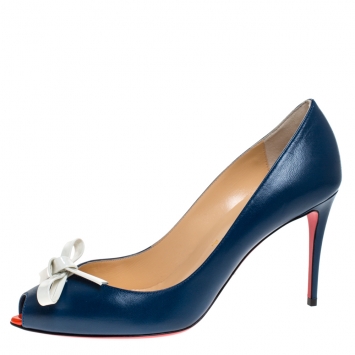 Pre Owned Christian Louboutin Blue Leather Tibunodo Bow Peep Toe Pumps Size 38