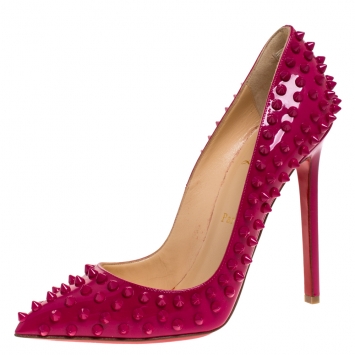 Pre Owned Christian Louboutin Pink Patent Leather Pigalle Spikes Pumps Size 38