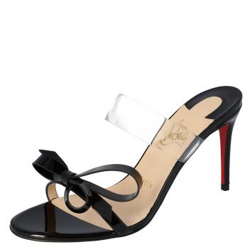 Pre Owned Christian Louboutin Black Patent Leather and PVC Band Knot Just Nodo Mules Size 38