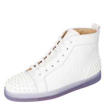 Pre Owned Christian Louboutin White Embossed "LoubinTheSky" Leather Lou Spikes 2 High-Top Sneakers Size 44.5