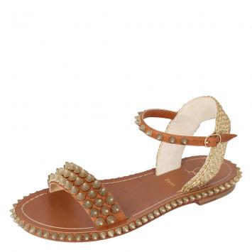 Pre Owned Christian Louboutin Beige Cordorella Spiked Flat Leather Sandals Size 41