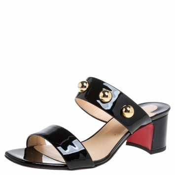 Pre Owned Christian Louboutin Black Patent Leather Simple Bille Studded Sandals Size 39.5