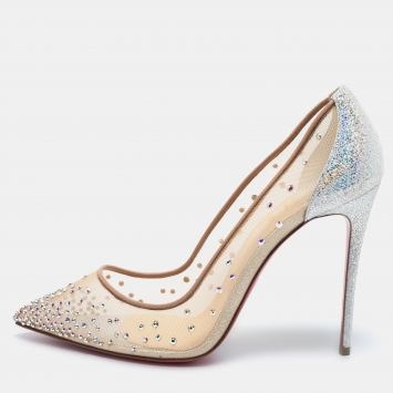 Pre Owned Christian Louboutin Beige/Silver Mesh and Leather Follies Strass Pumps Size 38.5