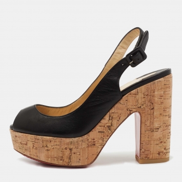 Pre Owned Christian Louboutin Black Leather Dona Anna Slingback Platform Sandals Size 37