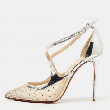 Pre Owned Christian Louboutin Silver Leather and Mesh Twistissima Strass Pumps Size 38