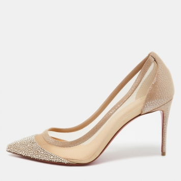 Pre Owned Christian Louboutin Beige Mesh and Leather Embellished Galativi Strass Pumps Size 39