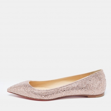 Pre Owned Christian Louboutin Pink Satin and Crystal Embellished Ballet Flats Size 38