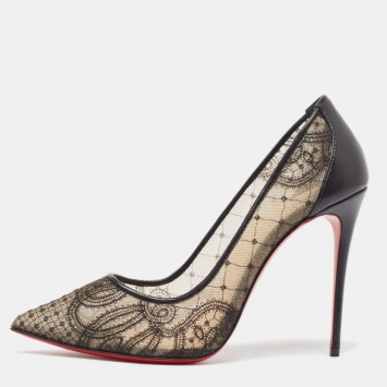 Pre Owned Christian Louboutin Black/Beige Mesh and Lace Follies Pumps Size 38.5 