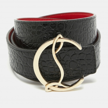 Pre Owned Christian Louboutin Black Croc Embossed Leather CL Logo Belt 80 CM