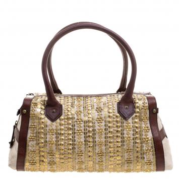 Pre Owned Christian Louboutin Beige/Brown Fabric and Leather Gold Disk Embellishment Satchel