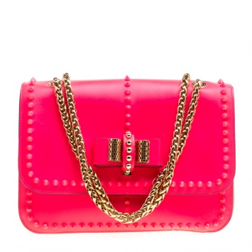 Pre Owned Christian Louboutin Neon Pink Matte Leather Small Rockstud Sweet Charity Shoulder Bag