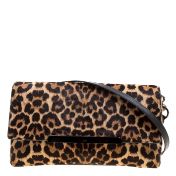 Pre Owned Christian Louboutin Beige/Black Leopard Print Calfhair and Leather Rougissime Crossbody Bag 