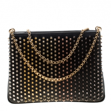 Pre Owned Christian Louboutin Black Leather Large Triloubi Spiked Shoulder Bag