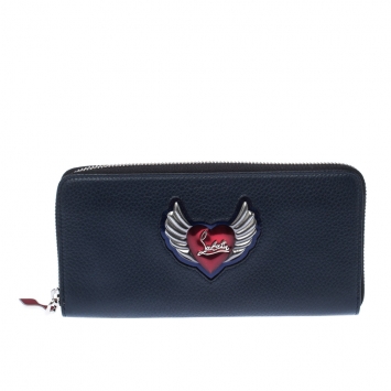 Pre Owned Christian Louboutin Navy Blue Winged Heart Leather Zip Around Wallet