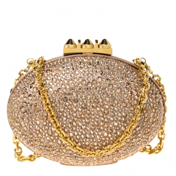 Pre Owned Christian Louboutin Beige Metallic Crystal Embellished Nubuck Leather Mina Chain Clutch
