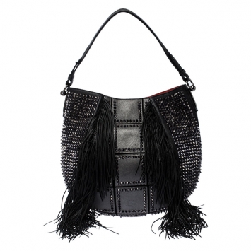 Pre Owned Christian Louboutin Black Spiked Leather Lucky L Fringe Hobo