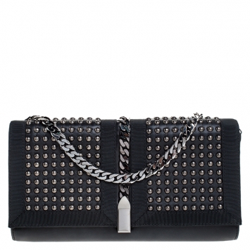 Pre Owned Christian Louboutin Black Leather Studded Chain Clutch 