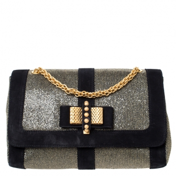 Pre Owned Christian Louboutin Black/Gold Suede and Glitter Lame Fabric Sweet Charity  Shoulder Bag