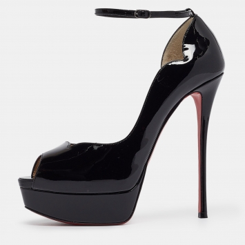 Pre Owned Christian Louboutin Black Patent Leather Round Chick Alta Pumps Size 39