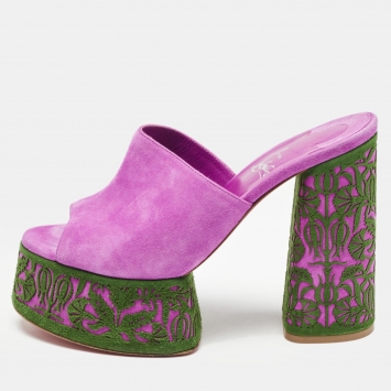 Pre Owned Christian Louboutin Purple Suede Platform Slide Sandals Size 38.5