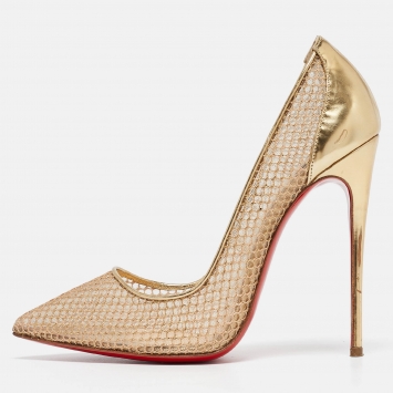 Pre Owned Christian Louboutin Gold Leather and Mesh Pumps Size 39.5