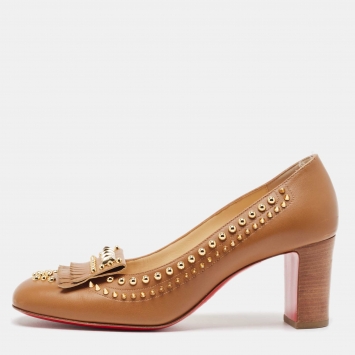 Pre Owned Christian Louboutin Brown Leather Studded Fringed Pumps Size 38.5