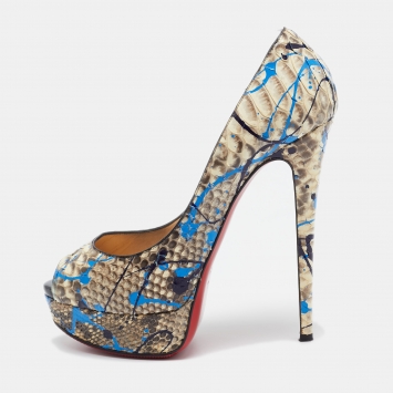 Pre Owned Christian Louboutin Brown/Beige Python Paint Splatter Lady Peep Pumps Size 38.5