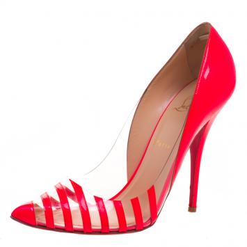 Pre Owned Christian Louboutin Fluorecent Pink Patent Leather and PVC Pivichic Pumps Size 40.5