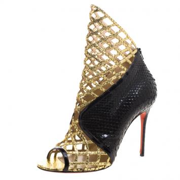 مملوكة مسبقًا Christian Louboutin Black and Gold Metallic Python Bougliona Cutout Peep Toe Booties Size 38.5