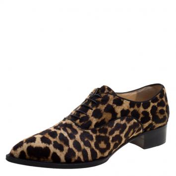 Pre Owned Christian Louboutin Leopard Print Calf Hair Zazou Pointed Toe Oxfords Size 40