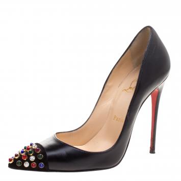 Pre Owned Christian Louboutin Black Embellished Leather Cabo Pumps Size 37.5