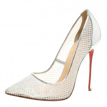 Pre Owned Christian Louboutin Silver Mesh Follies Resille Pointed Toe Pumps Size 39