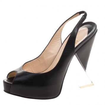 Pre Owned Christian Louboutin Black Leather Rosemin Plexi Wedge Sandals Size 36