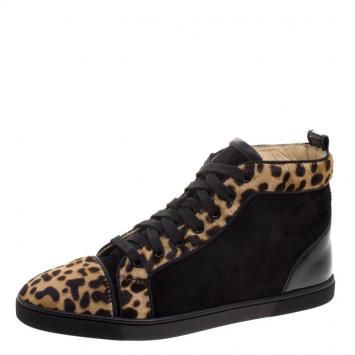 Pre Owned Christian Louboutin Leopard Print Pony Hair And Suede Bip-Bip High Top Sneakers Size 38.5