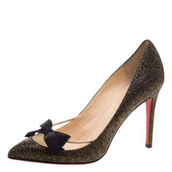 Pre Owned Christian Louboutin Black Glitter Lamè Love Me Bow Pointed Toe Pumps Size 39