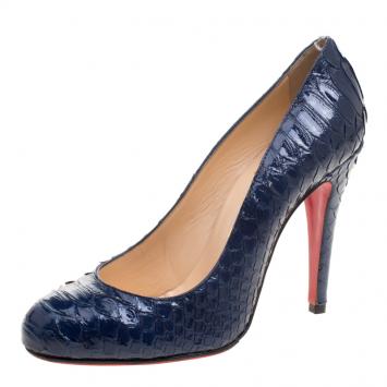 Pre Owned Christian Louboutin Blue Gloss Python Leather Fifi Pumps Size 37