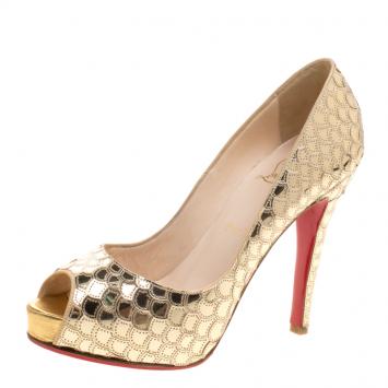 Pre Owned Christian Louboutin Metallic Gold Scaled Leather Poseidon Peep Toe Pumps Size 37.5