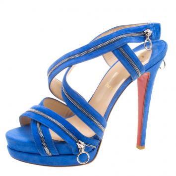 Pre Owned Christian Louboutin Blue Suede Rodita Zipper Detail Cross Strap Platform Sandals Size 39