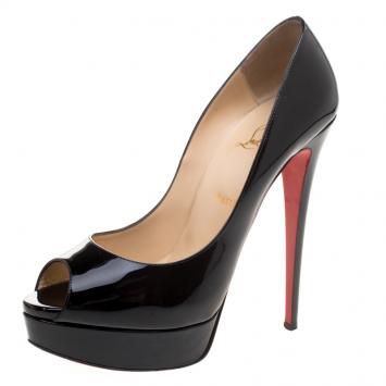 Pre Owned Christian Louboutin Black Patent Leather Lady Peep Platform Pumps Size 41