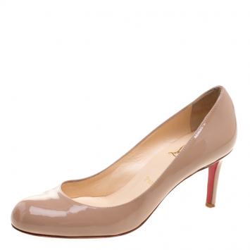 Pre Owned Christian Louboutin Beige Patent Leather Simple Pumps Size 38