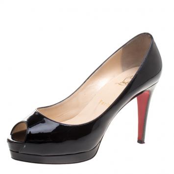 Pre Owned Christian Louboutin Black Patent Leather Altadama Platform Peep Toe Pumps Size 38