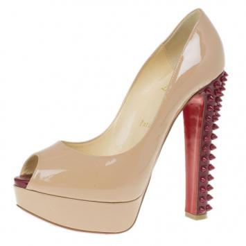 Pre Owned Christian Louboutin Nude Patent Taclou Peep Toe Platform Pumps Size 38