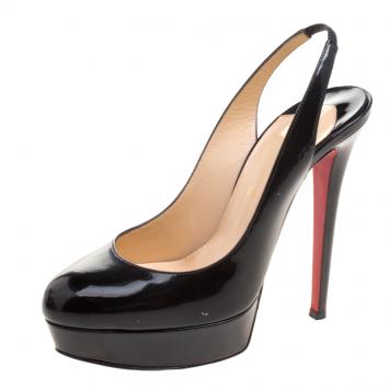 Pre Owned Christian Louboutin Black Patent Leather Bianca Platform Slingback Sandals Size 39
