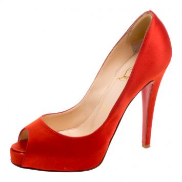 Pre Owned Christian Louboutin Orange Satin Very Prive Peep Toe Platform Pumps Size 38