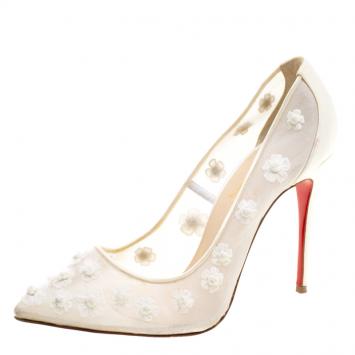 Pre Owned Christian Louboutin Off White Floral Embellished Silk Marguerite Pointed Toe Pumps Size 37.5