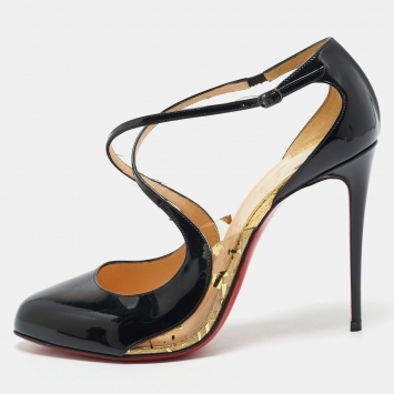 Christian Louboutin Black Patent Leather Crossettinetta Cross Strap Sandals Size 40.5