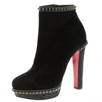 Pre Owned Christian Louboutin Black Suede Figurina Stud Embellished Ankle Boots Size 39.5