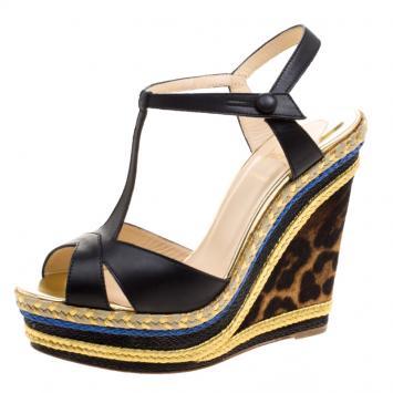 Pre Owned Christian Louboutin Black Leather T Strap Trotolita Calf Hair Wedge Sandals Size 39