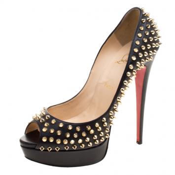 Pre Owned Christian Louboutin Black Leather Lady Peep Spikes Platform Pumps Size 42