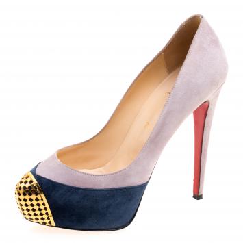 Pre Owned Christian Louboutin Two Tone Suede Maggie Embellished Cap Toe Platform Pumps Size 38.5